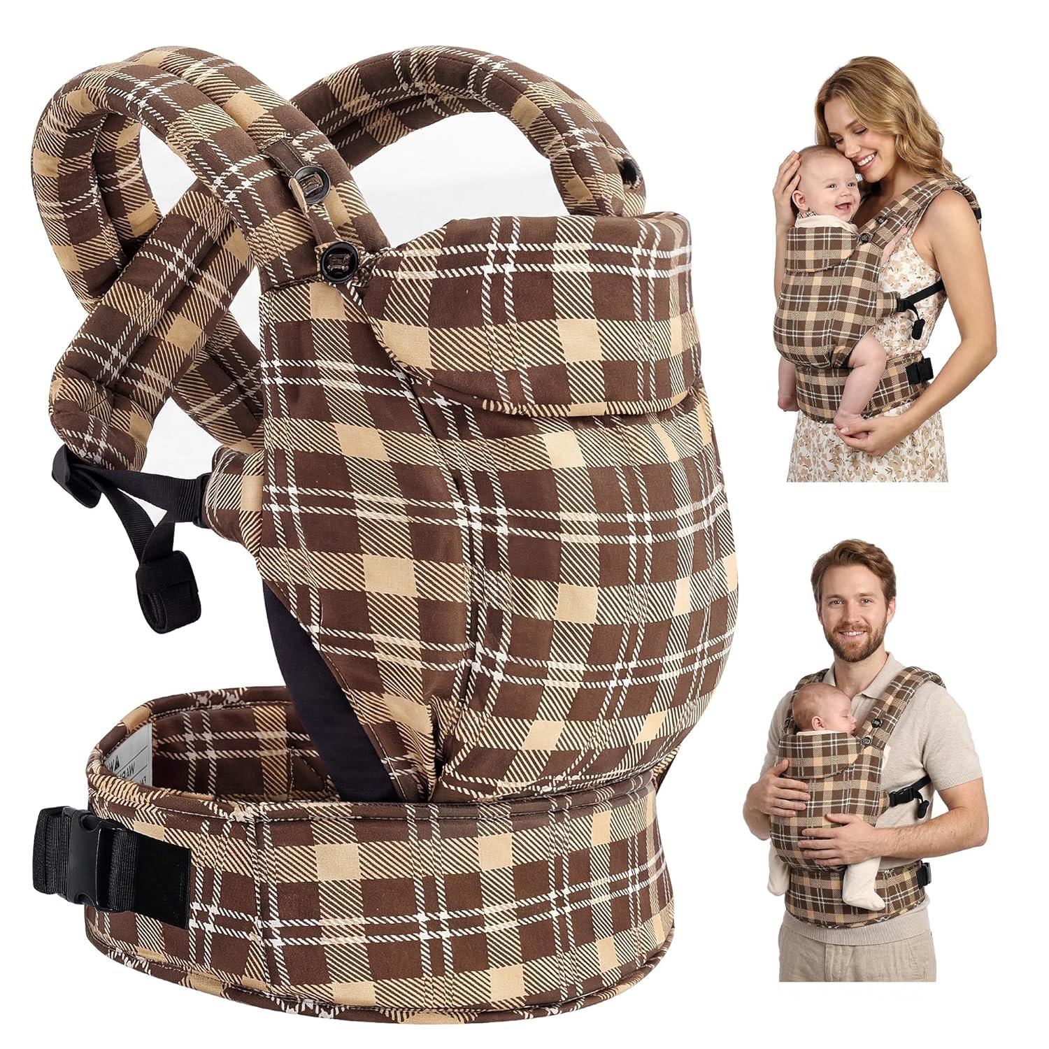 FRUITEAM Baby Carrier, Newborn Carrier with Adjustable Seat Size, Lightweight & Ergonomic Baby Carrier Newborn (7-25 Lbs), Easy to Wear, Travel and Hiking Friendly (Brown Plaid)