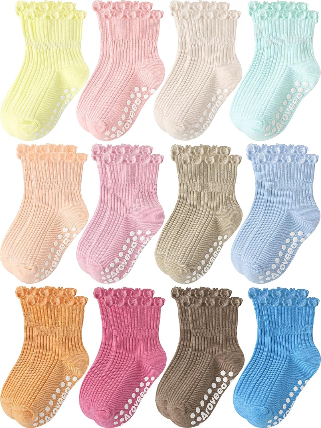 Aroveea Baby Toddler Girls Socks Grip Ruffle Non Slip Girls Cotton 12 Pack Socks for Kids Cute Ankle 6M-7Years
