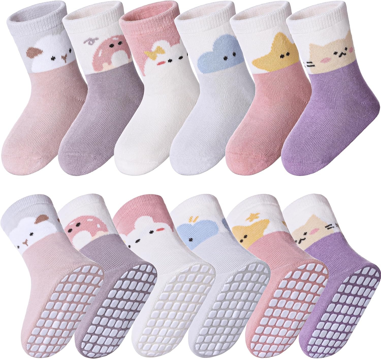 MQELONG 6 Pairs Baby Girls Non Slip Crew Socks Grips Socks for Infants Toddlers Kids Girls