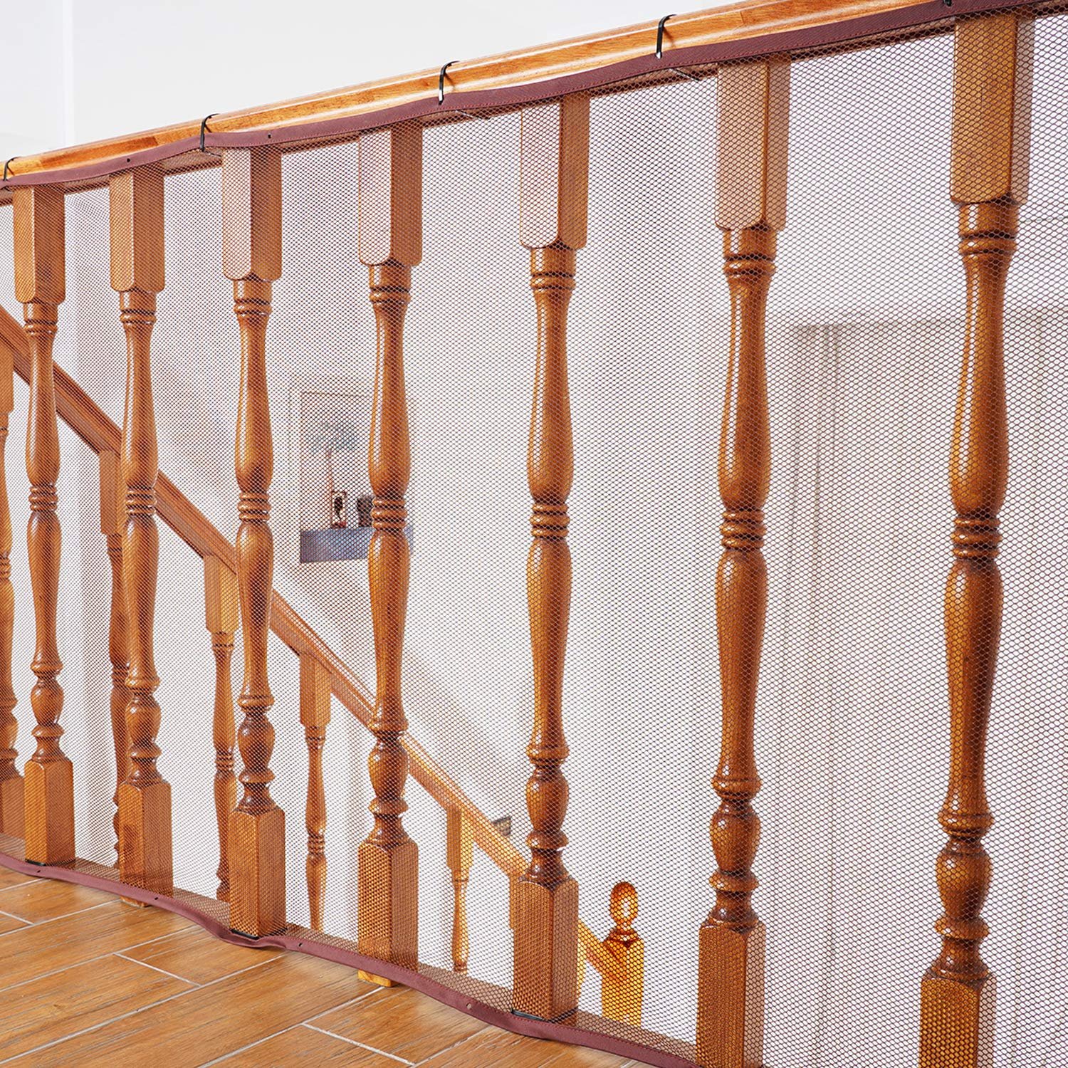 Baby Gates for Stairs with Banister, Guard Safety Net for Baby, 15ft x 3ft Stair Railing Mesh Barrier for Kids, Cats, Dogs, Child Safety Rail Guard – Dark Brown