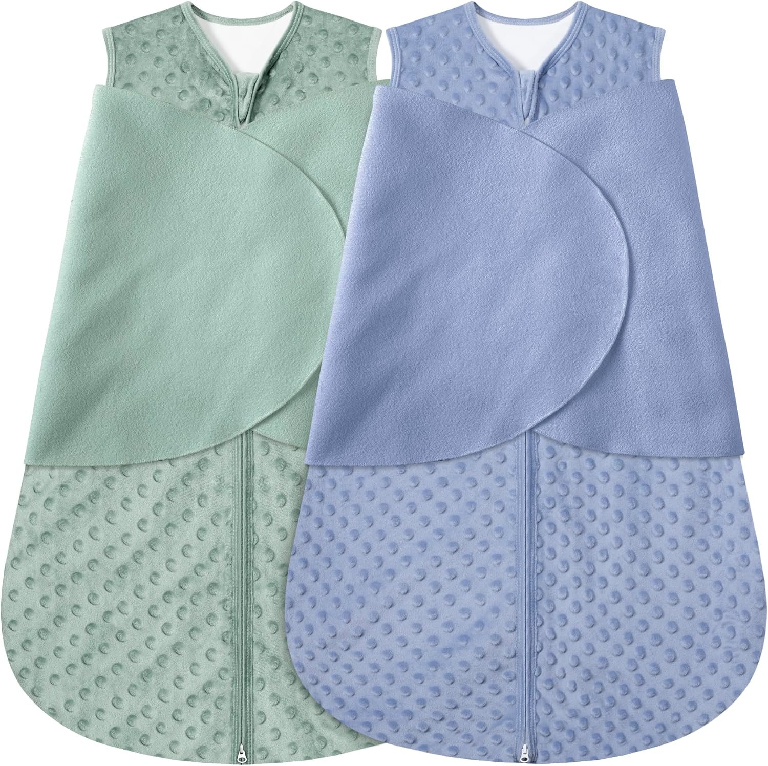 BSTOPPT Fleece Newborn Sleep Sack Baby Swaddle,3-Way Adjustable Wearable Blanket,2 Pack Fleece Swaddling sleeping bag TOG 2.0， (Blue&Green, 6-12 Months)