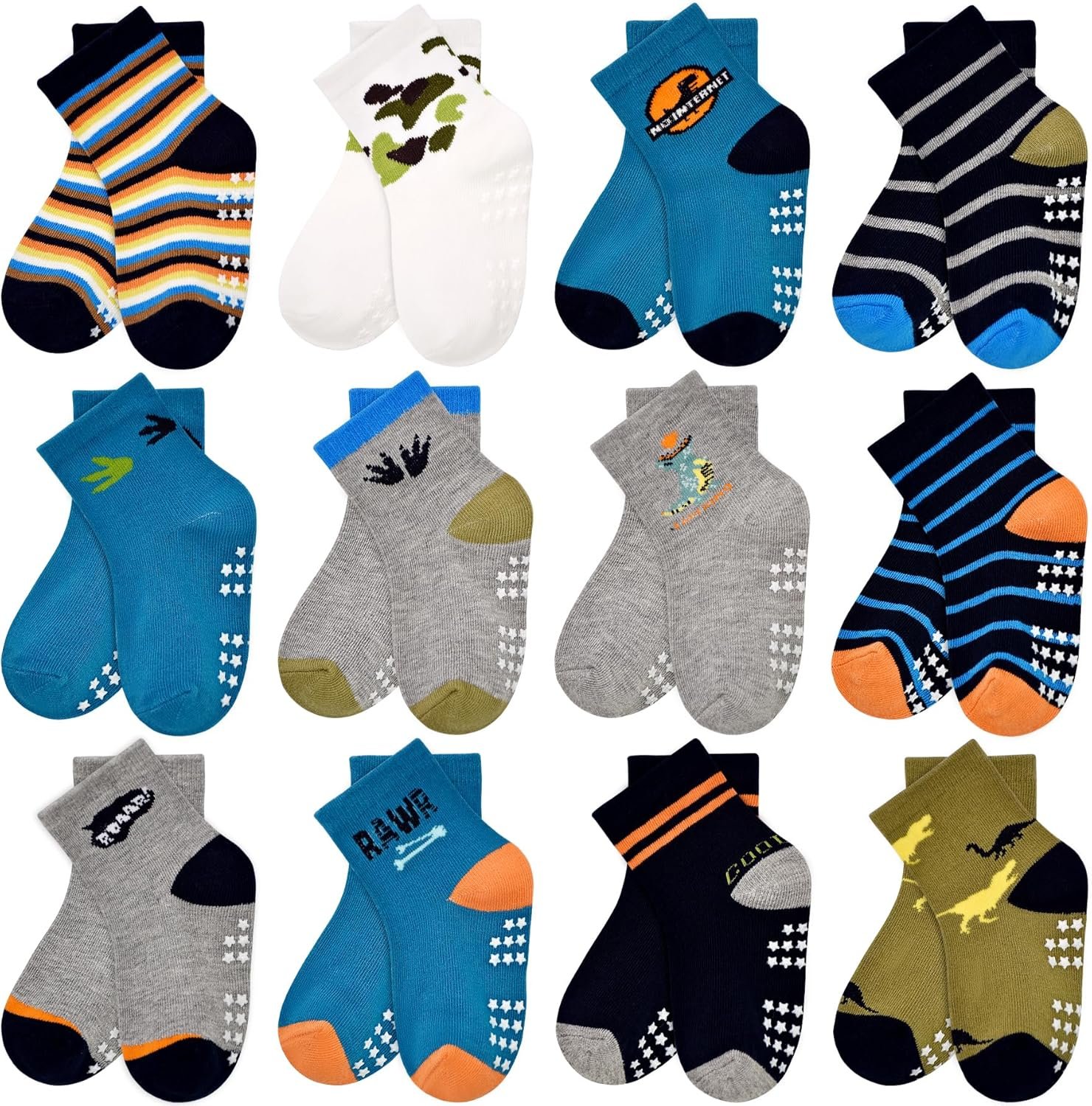 Toddler Non Slip Socks Kids Grip Crew Socks Boys Girls 12 Pairs Cartoon Pattern 6 Months-7 Years