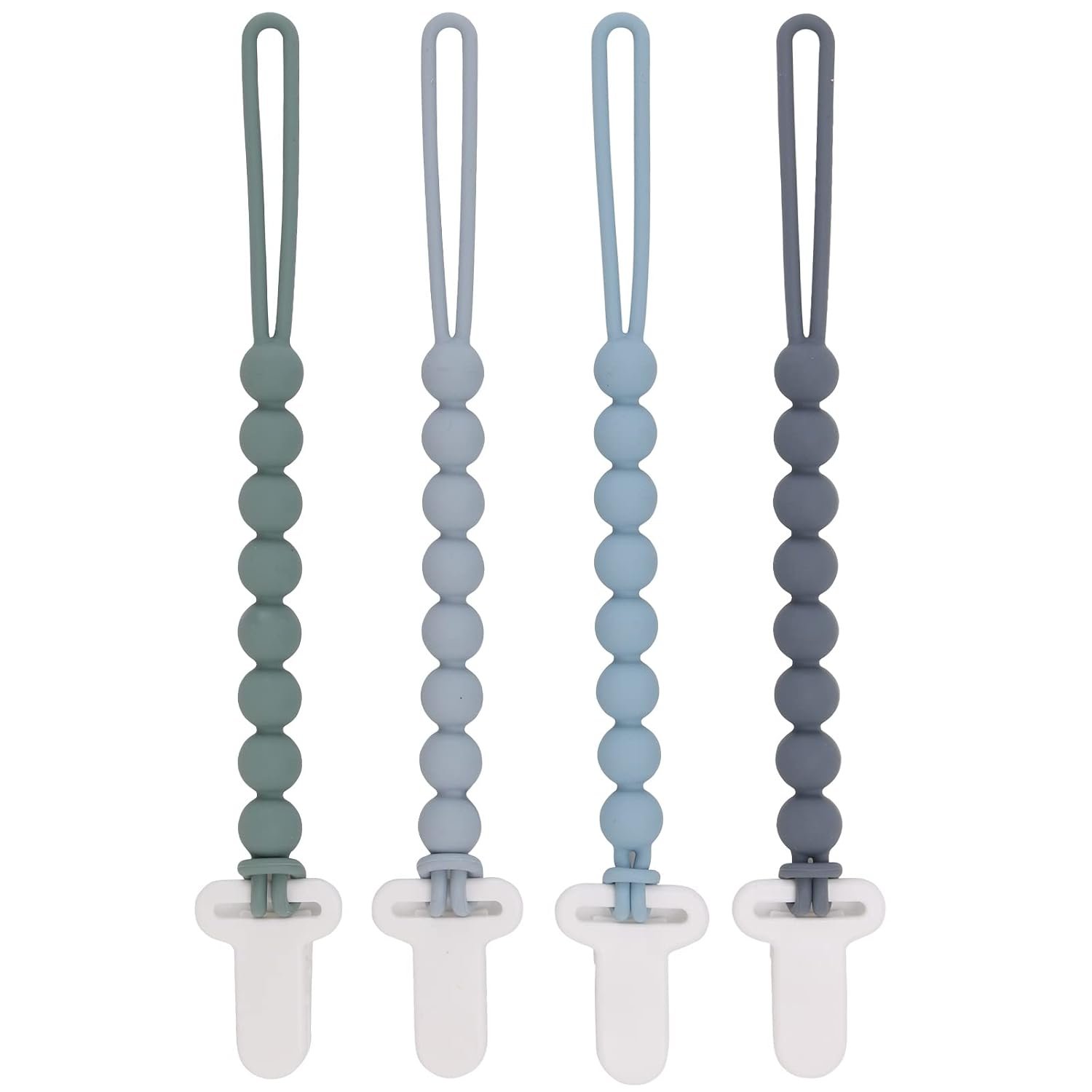 4-Pack Silicone Pacifier Clips with One-Piece Beads for Baby Boys and Girls – Flexible and Rust-Free Holders for Teething Relief and Baby Essentials, Safe for Newborns (Grey)