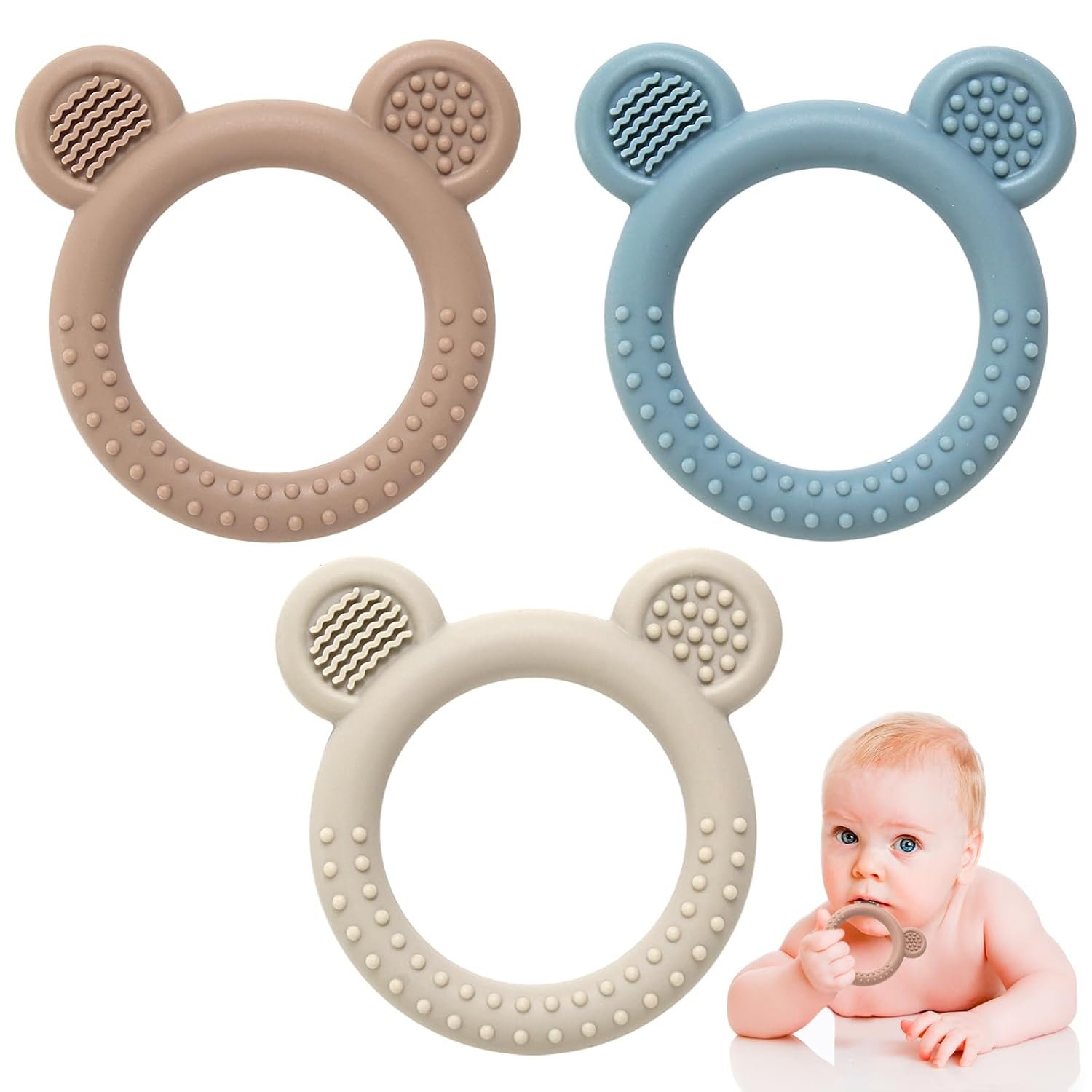 Eascrozn 3 Pack Silicone Teethers for Babies 3M+ BPA Free | Silicone Baby Toys 6 to 12 Months, Soft Textured Teething Relief Soothing Sore Gums Baby Essentials