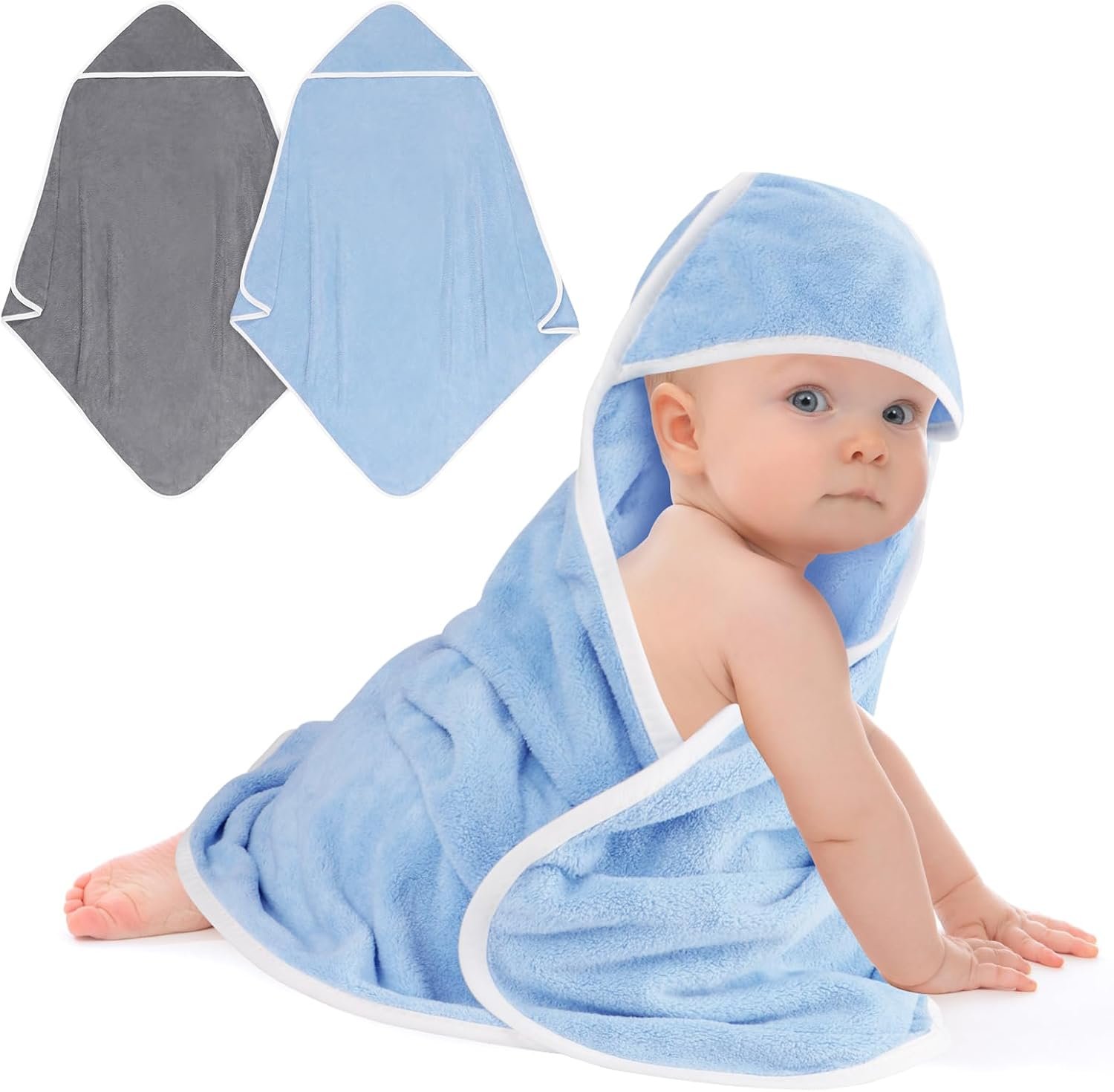 Hooded Towel for Newborn, 2 Pack Soft Coral Fleece Baby Towels | Ultra Absorbent Bath Cloths Bulk for Infants, Toddlers, Newborn Essential- 30 x 30 inch – Grey & Blue