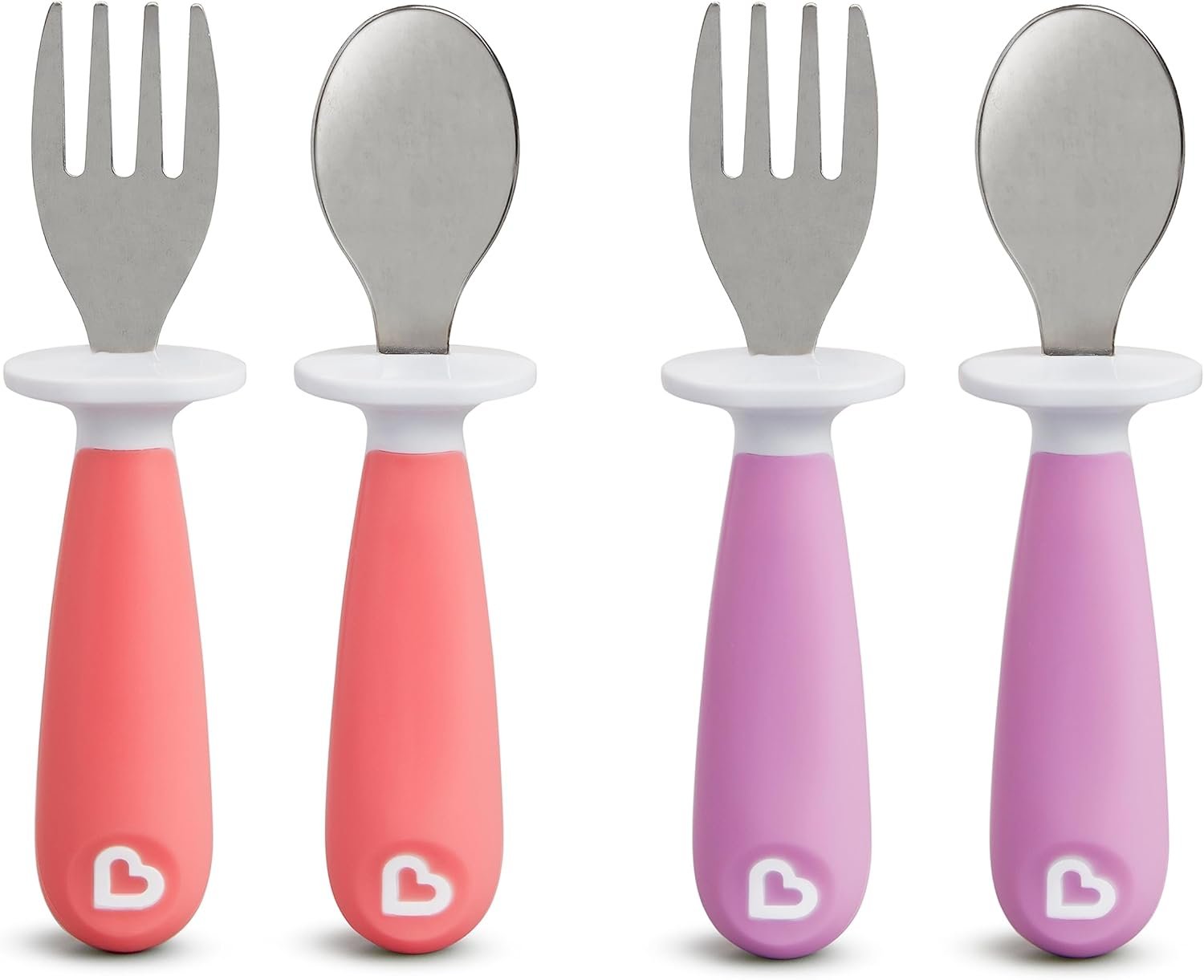 Munchkin® Raise™ Toddler Fork and Spoon Utensil Set, Rest Keeps Tip Off Table, BPA Free, 4 Pack, Pink/Purple