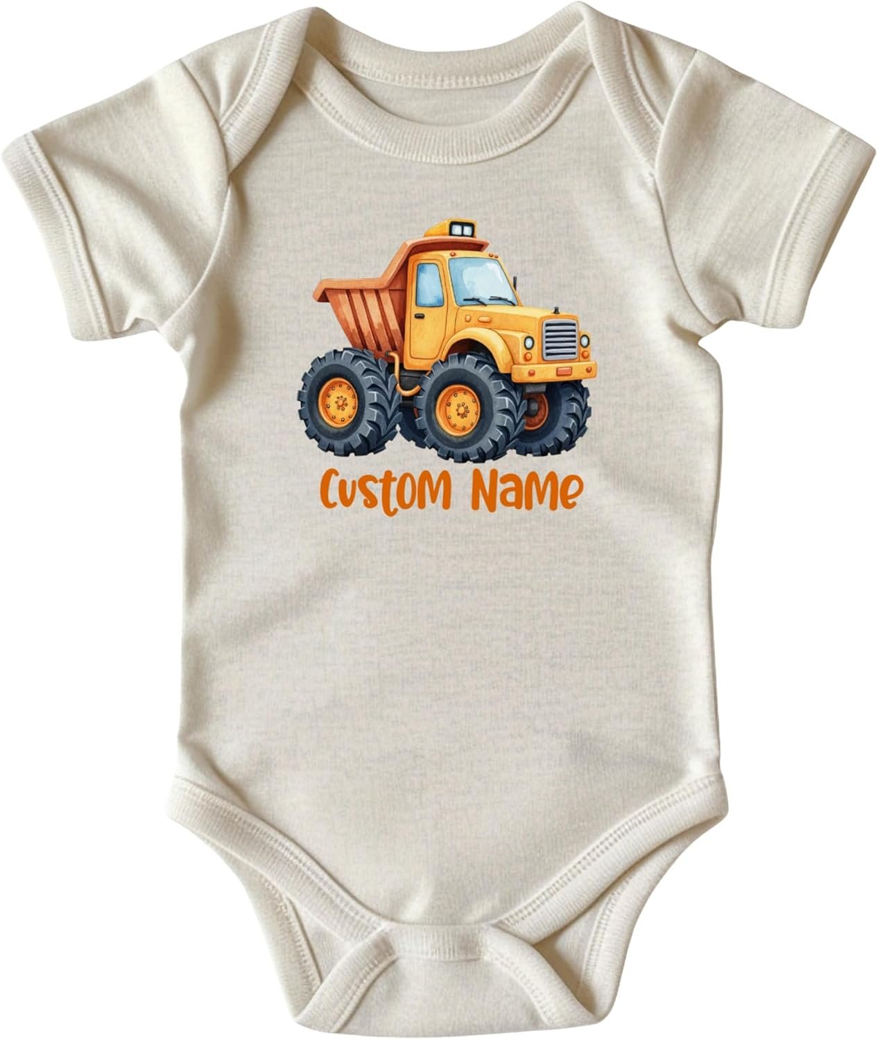Custom Construction Truck Baby Bodysuit • Baby Boy Construction Themed Clothes • Natural Color Baby Clothing with Orange Ink