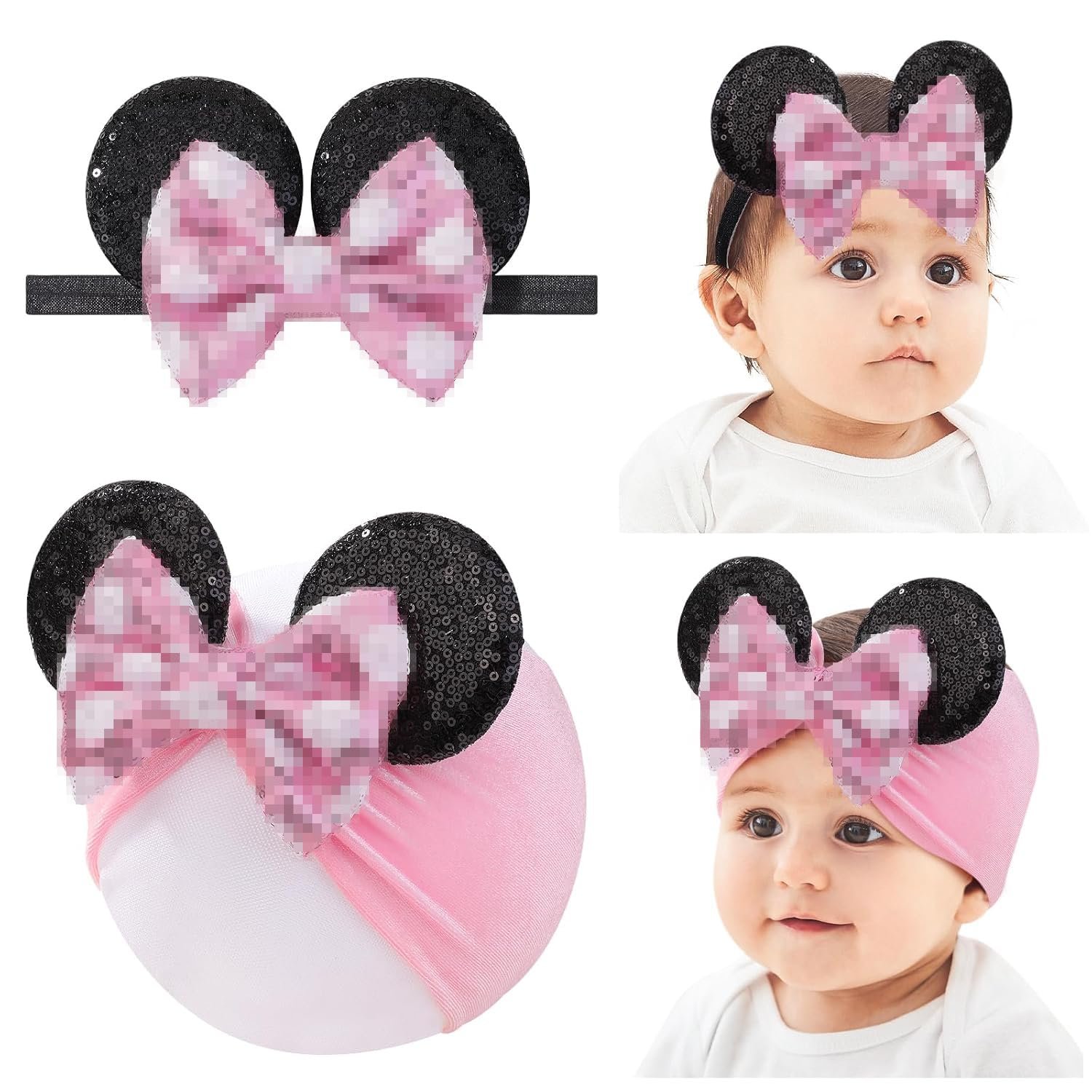 choicbaby Baby Girl Round Ears Headbands Headwrap with Sequin Polka Dot Bow Soft Stretchy Nylon Ear Hair Bands for Newborn Infant Baby Toddler Girls- Pack of 2