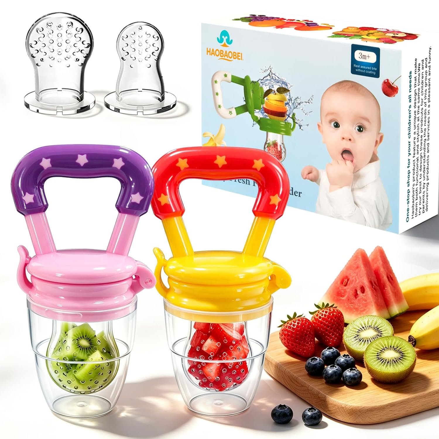 Baby Fruit Feeder Teether, 2 Pack Silicone Baby Food Feeder with 4 Silicone Pouches in 3 Sizes for Fruits, Vegetables, Frozen Breastmilk (Pink Yellow)