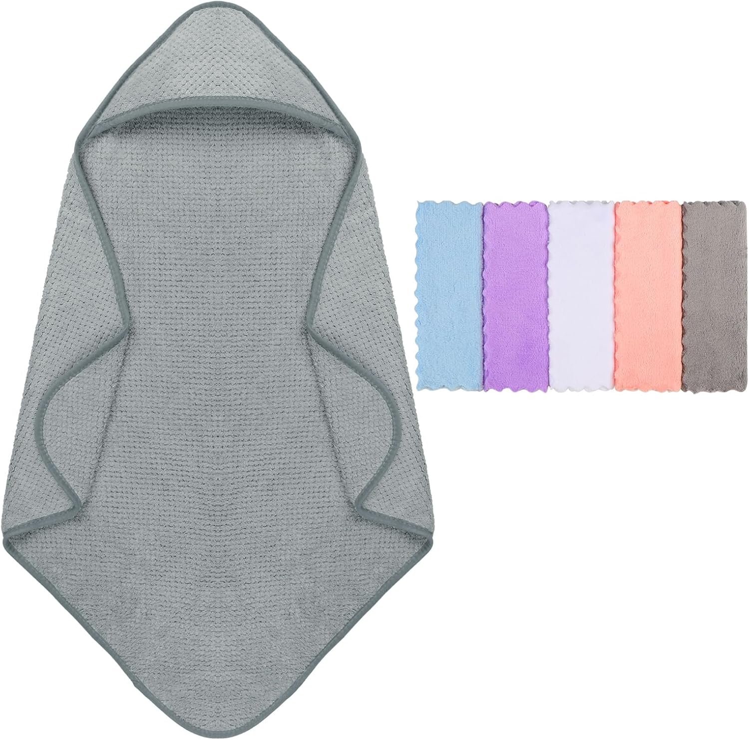 Orighty Baby Hooded Towel with Five Washcloths, 28 x 28 Inch Super Soft Bath Towel with Hood for Babies, Infant, Newborn Essential – Ideal Baby Stuff Registry for Boys and Girls (Grey)