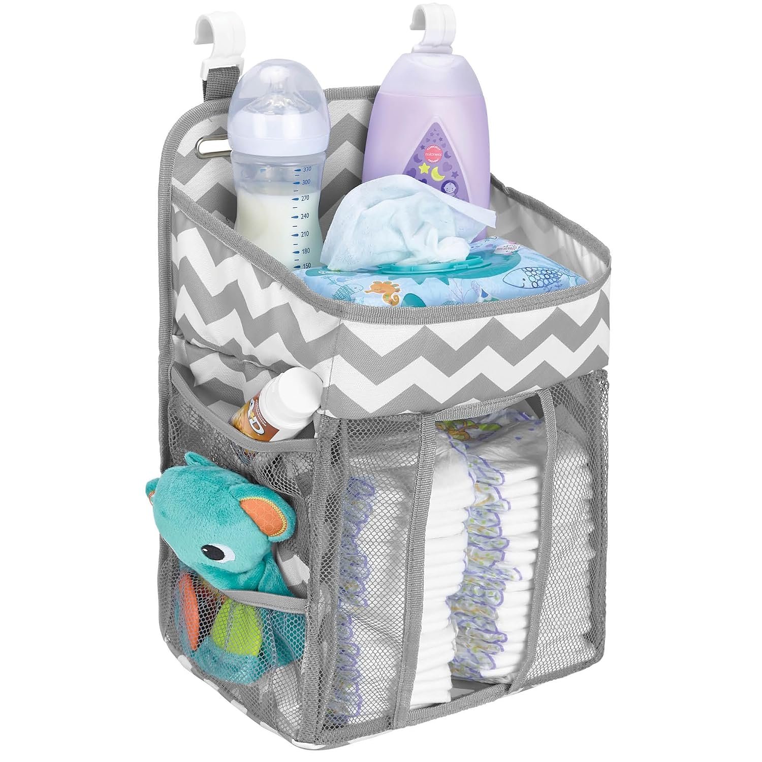 Hanging Diaper Caddy Organizer – Large Nursery Storage for Essential Newborn Baby Items – 2 Compartments, 3 Mesh Pockets – Durable Hooks to Hang on Bassinet, Changing Table, Crib