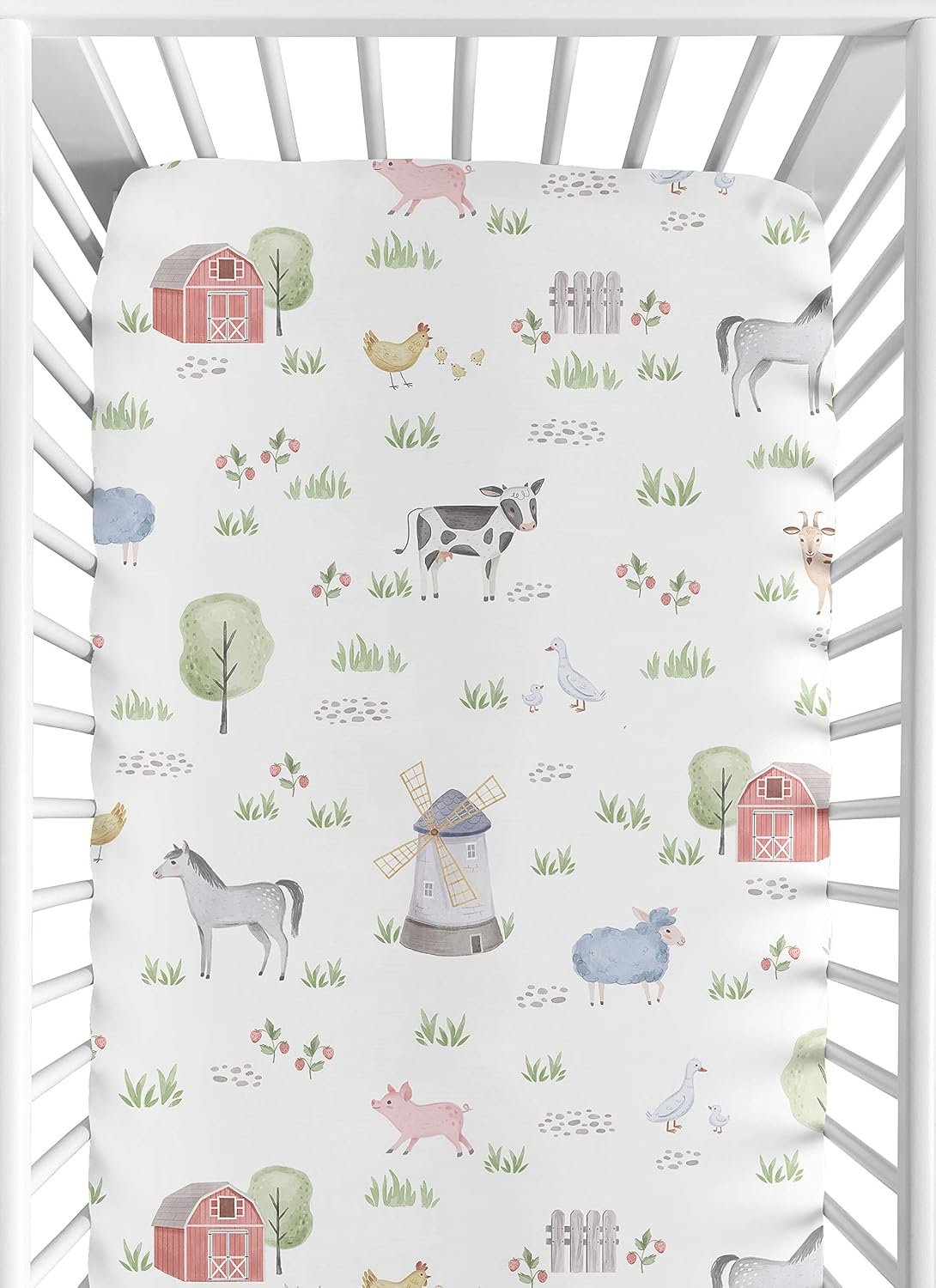 Sweet Jojo Designs Fitted Baby Crib Sheets (Farm Animals) for Boys or Girls, Infant Nursery, Toddler Room – Standard Size (Neutral, Farmhouse, Country, Barn Animal, Farms Theme, Cow, Pig, Grey Horse)