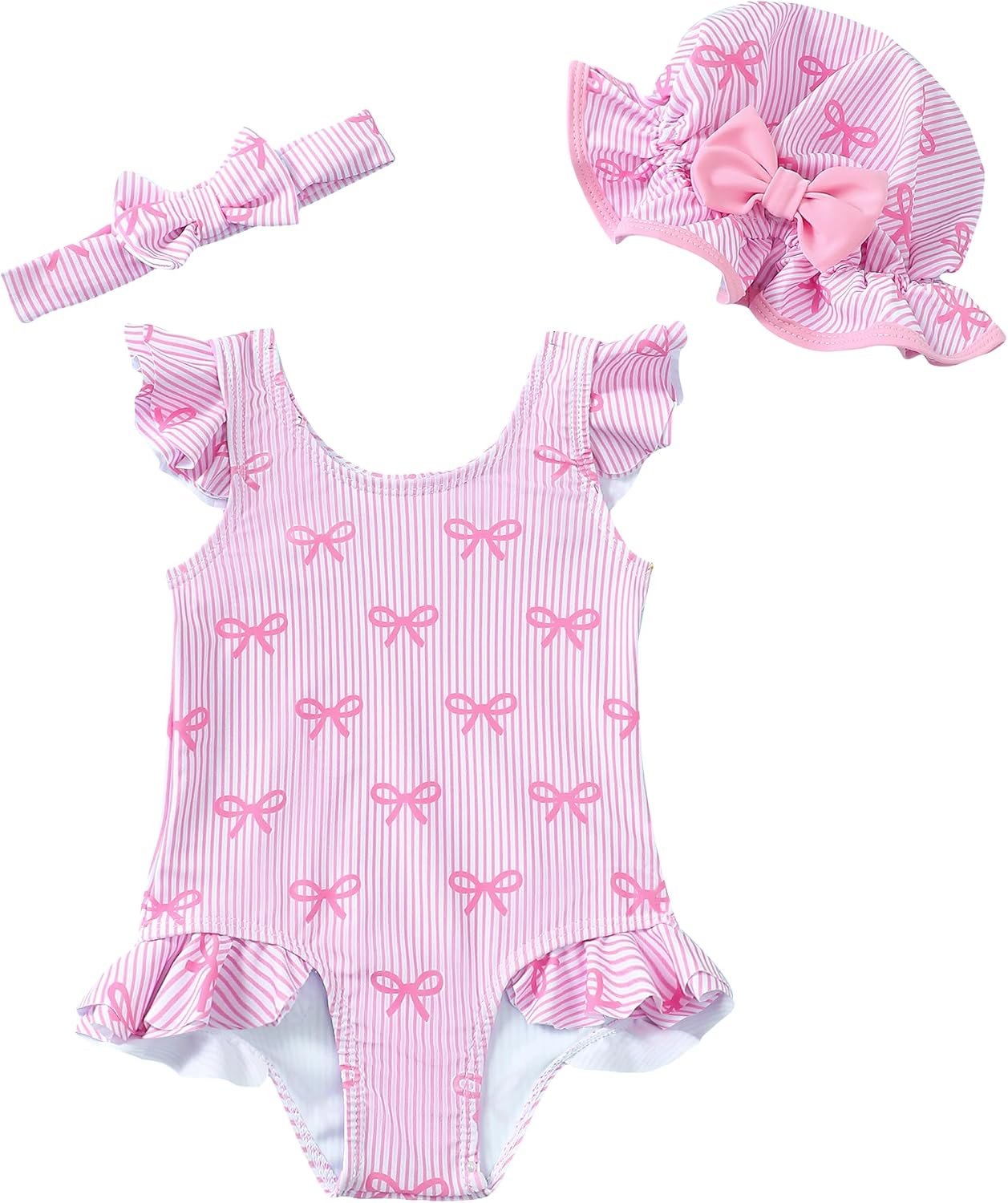 Renotemy Baby Girl Swimsuit Infant Bathing Suit Swimwear Sleeveless Bikini Tankini Toddler Girl One-Piece Swimsuit with Hat