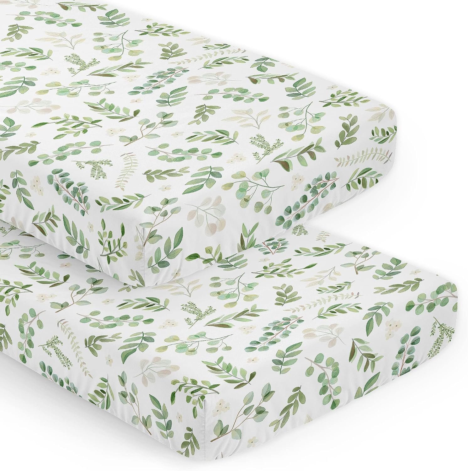 Sweet Jojo Designs 2-Piece Baby Crib Sheets Set (Boho Floral Leaf) for Girls & Boys, Infant Nursery, Toddler Room – Fitted, Standard Size (Bohemian, Watercolor Botanical, Tropical, Garden, Sage Green)