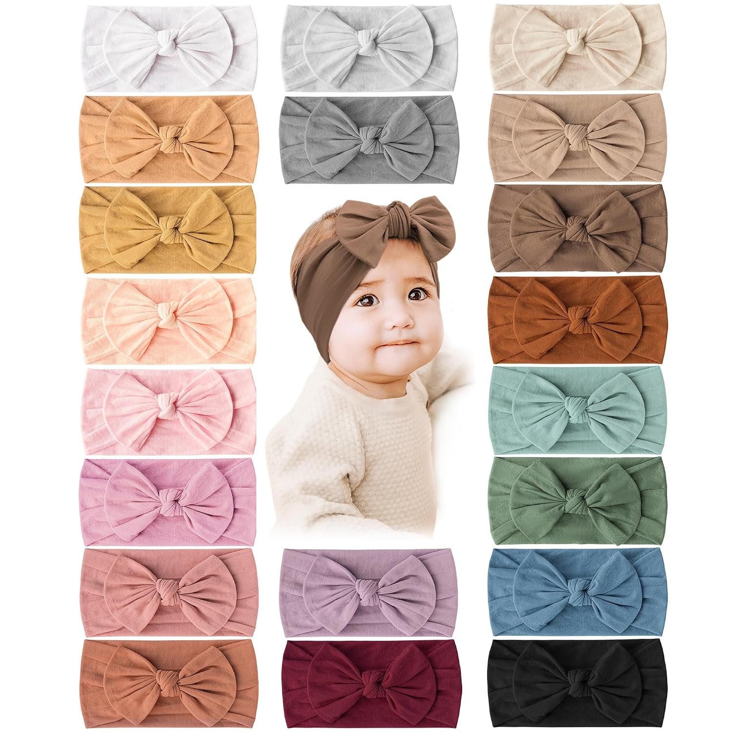 Prohouse 20 Pcs Baby Girl Bows and Headbands, Elastics Nylon Hairbands | Ultra Soft & Stretchy, One Size Fits All, No Compression Marks, Hair Accessories for Newborns, Infants & Toddlers (Brown)