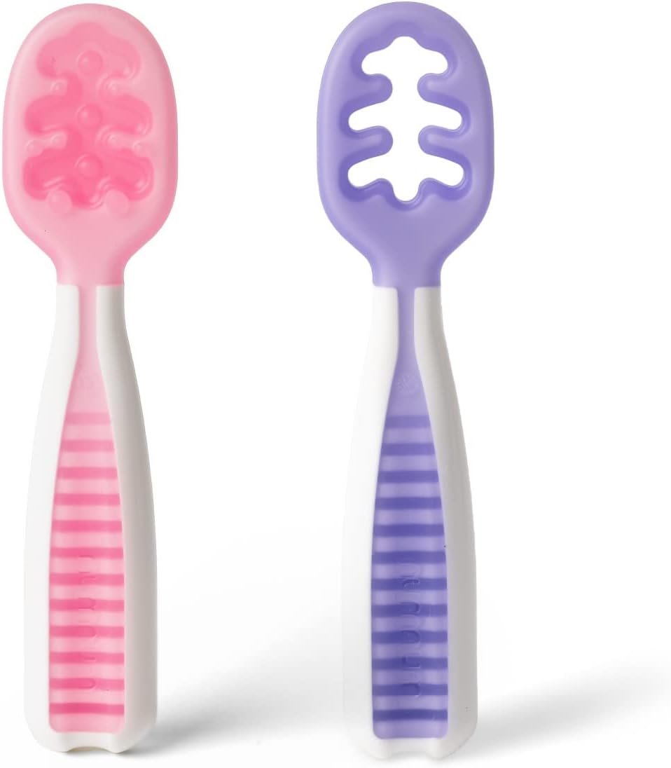 NumNum Baby Spoons Self Feeding 6 Months, 2-Pk Frosty Lilac/Rose | First Stage Silicone Pre Spoon Utensils For Baby Led Weaning, BPA Free Baby Feeding Essentials, Dishwasher Safe
