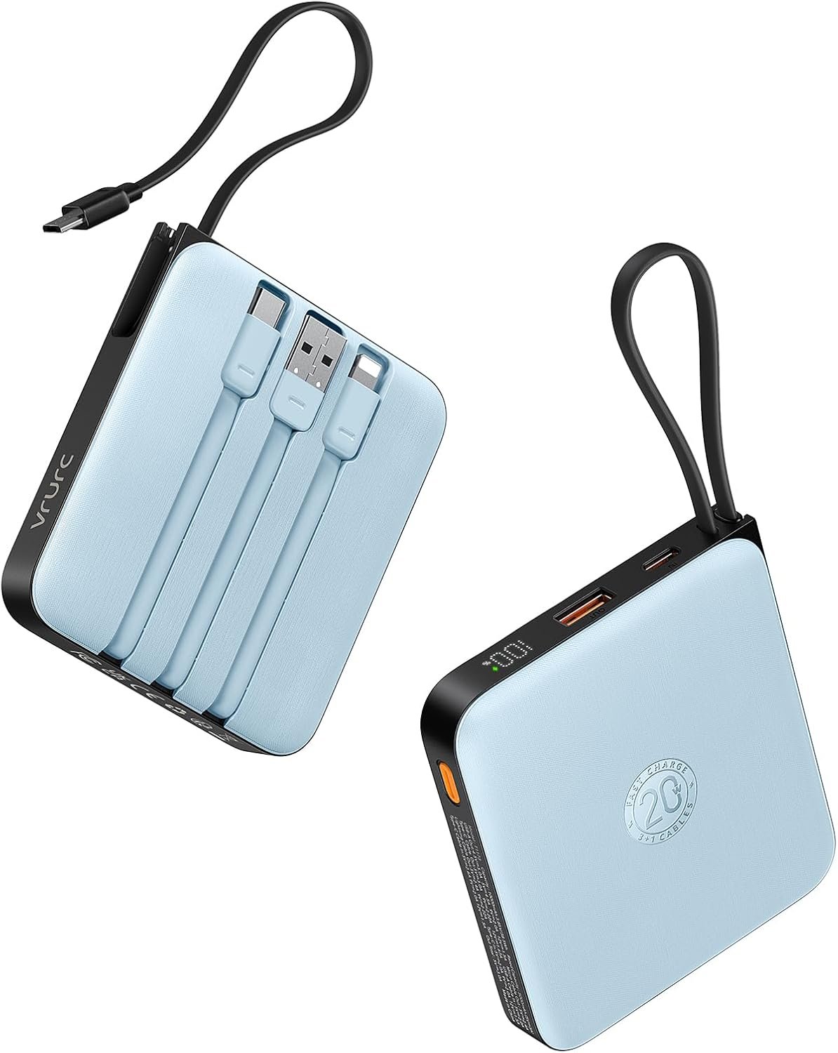 VRURC Portable Charger for iPhone with Built-in Cable, 10000mAh 22.5W Fast Charging USB C Battery Pack, Cell Phone Power Bank for iPhone 17 16 15 & Samsung Galaxy Series (Blue)