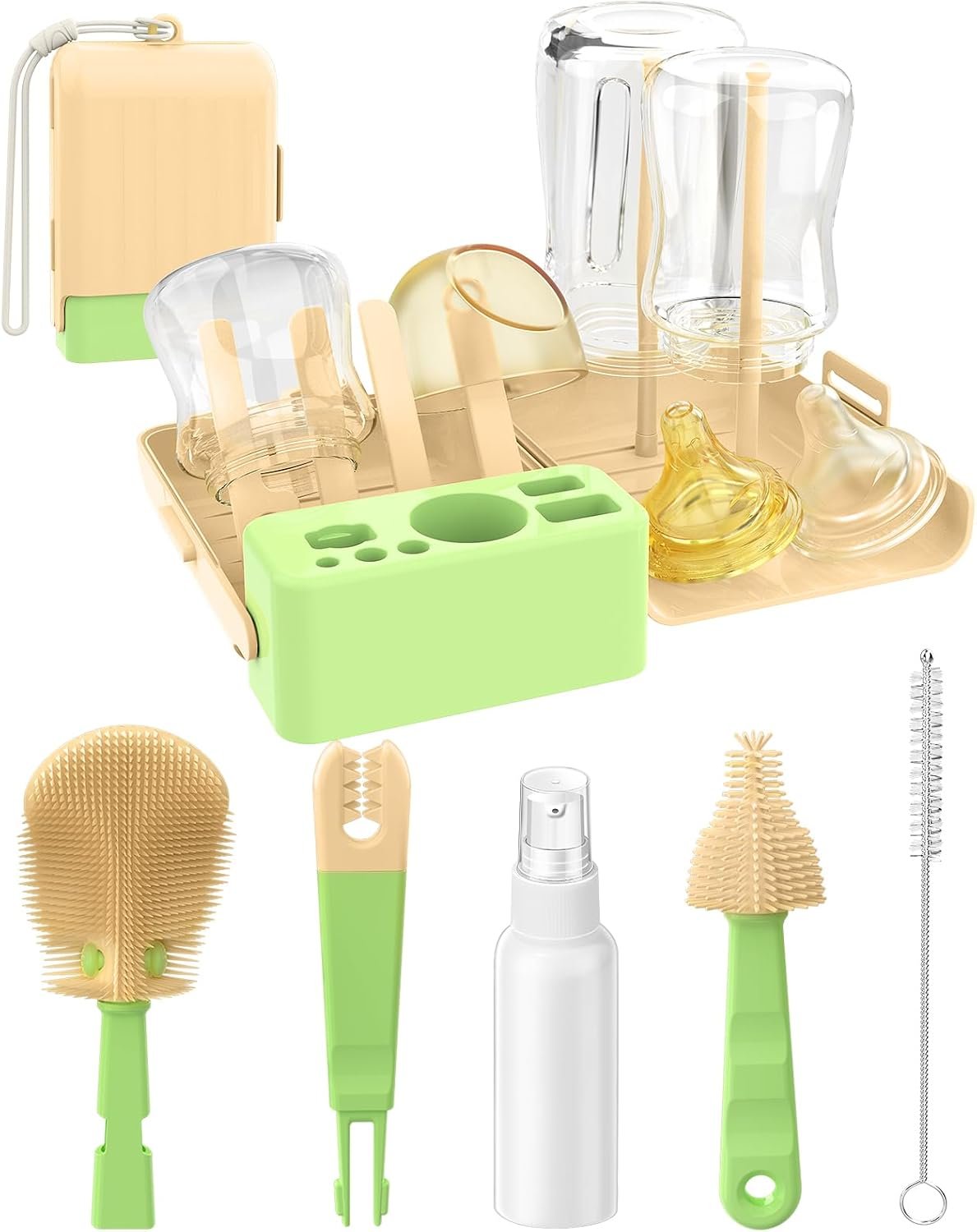 7 in 1 Baby Bottle Brush Set, BPA-Free Travel Bottle Cleaner Kit with U-Shaped Silicone/Nipple/Straw Brush, Portable Drying Rack, Soap Dispenser & Storage Box – Baby Travel & Home Essential
