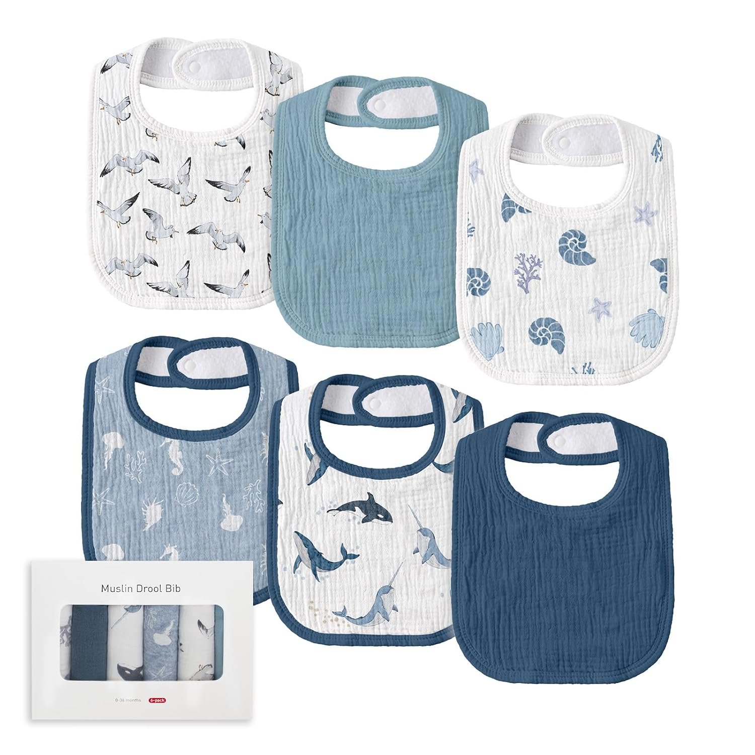 Muslin Baby Drool Bibs 6 Pack, Soft Cotton Infant Bib for Teething Newborn | Absorbent Drooling Bibs, Adjustable Baby Bibs for Unisex Boys Girls, Perfect Essentials Shower Gift, Blue