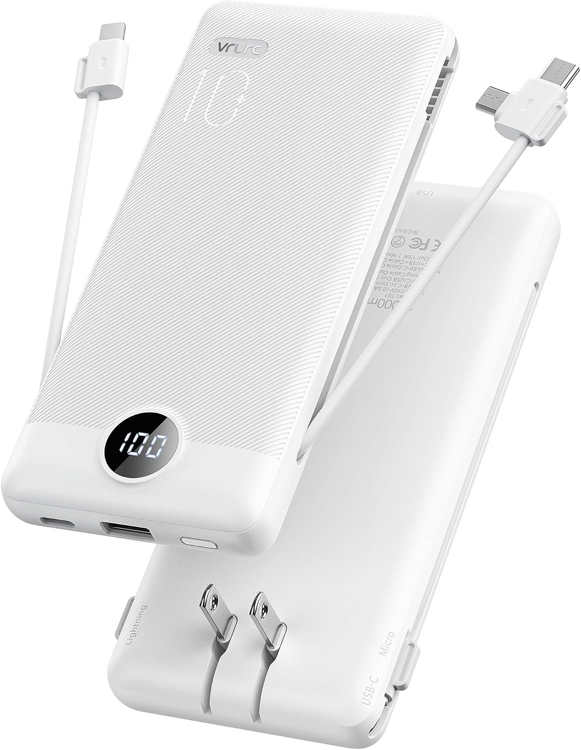 VRURC Portable Charger, Power Bank Built-in Cables and AC Wall Plug | USB C Power Bank 10000mAh Travel Essentials Phone Charger Compact External Battery Pack For Smart Phones, Tablets etc-White