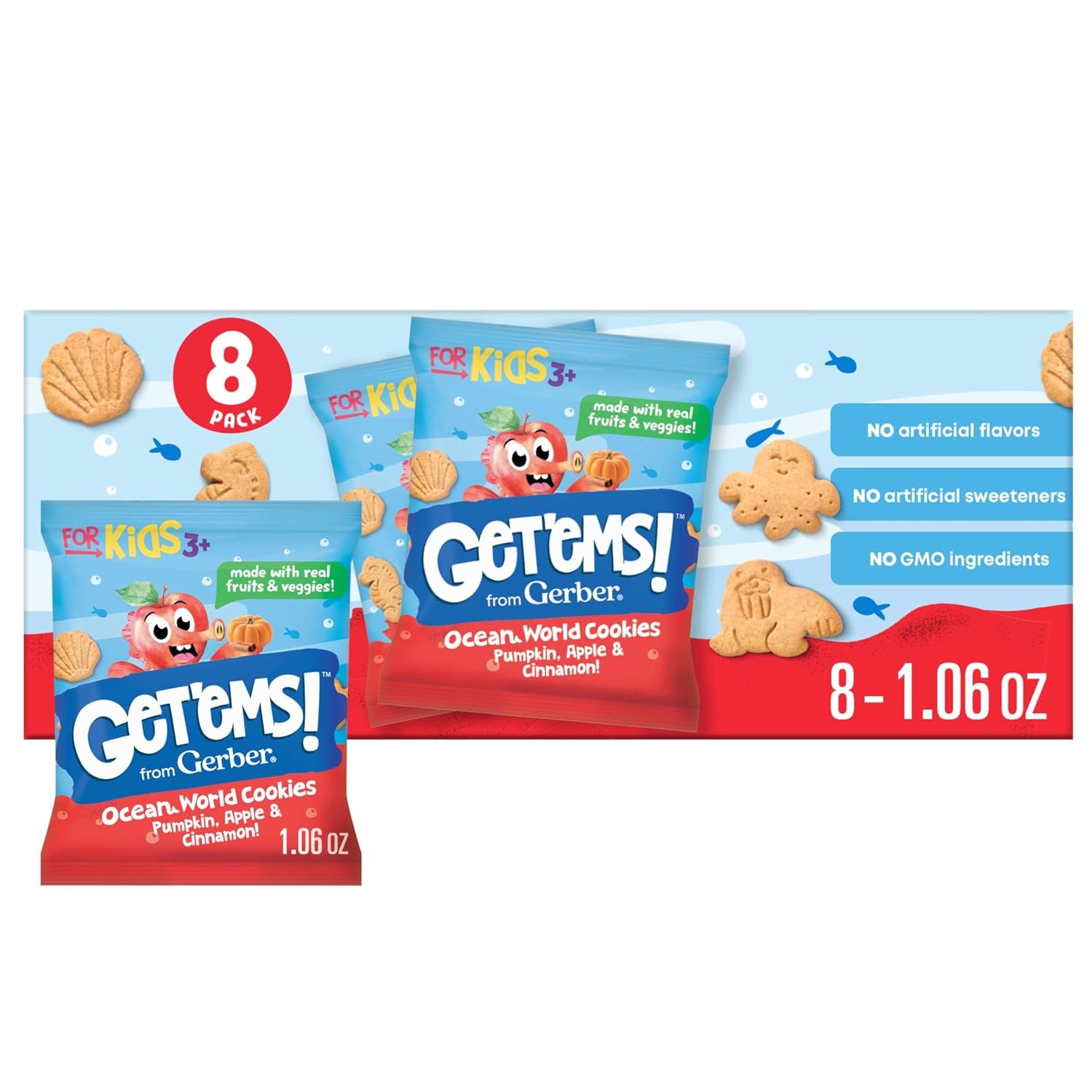 Gerber Get’ems! Pumpkin, Apple, & Cinnamon Cookies, 8 Pack | Kids snack; ocean world cookies single serve; pumpkin apple and cinnamon; 8 x 1.06 oz