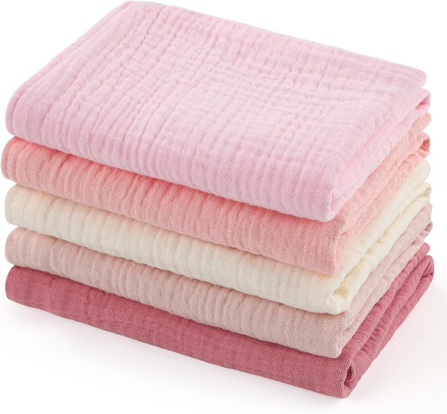 Baby Washcloths,Muslin Burp Cloths Towels for Newborns,Absorbent Cotton Bath Face Towel ，5 Pack, 12×12 Inches (Rosy Embrace)