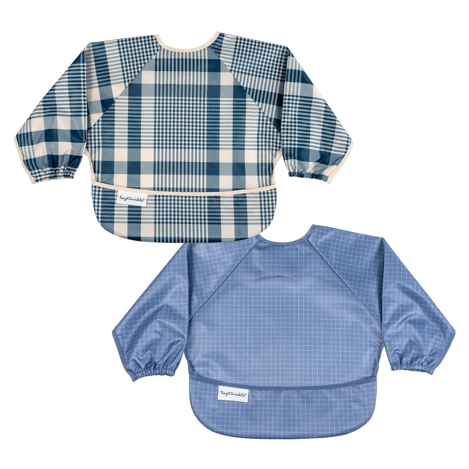Tiny Twinkle Long Sleeve Bib for Babies & Toddlers | 2-Pack Waterproof Smock Bib for Eating | Machine Washable & Mess-Proof Feeding Essentials | Newborn Shower Gift (Gingham Grid, 6-24M)