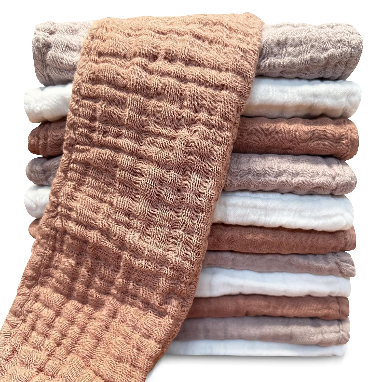 Muslin Burp Cloths for Baby 100% Cotton Burping Cloths for Unisex, Boy, Girl – Large 20” by 10” Newborn Essentials Ultra Soft Absorbent Milk Spit Up Rags – 12 Pack – White+Light Bean Paste Series